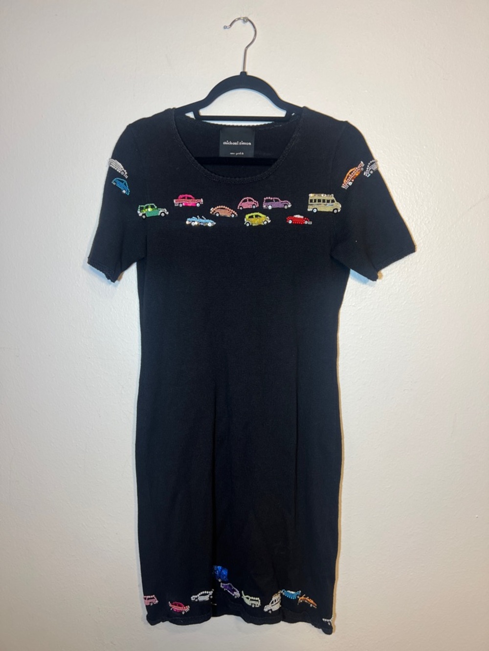Michael Simon Vintage Colorful Beaded Cars Black Knit Dress Short Sleeve Small